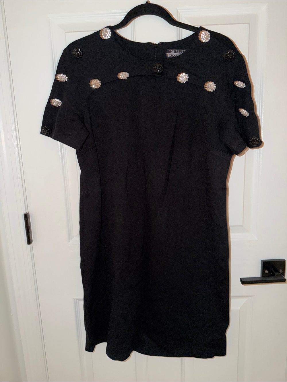 Badgley Mischka Black Dress with Pearl and Crystal Rosette Accents